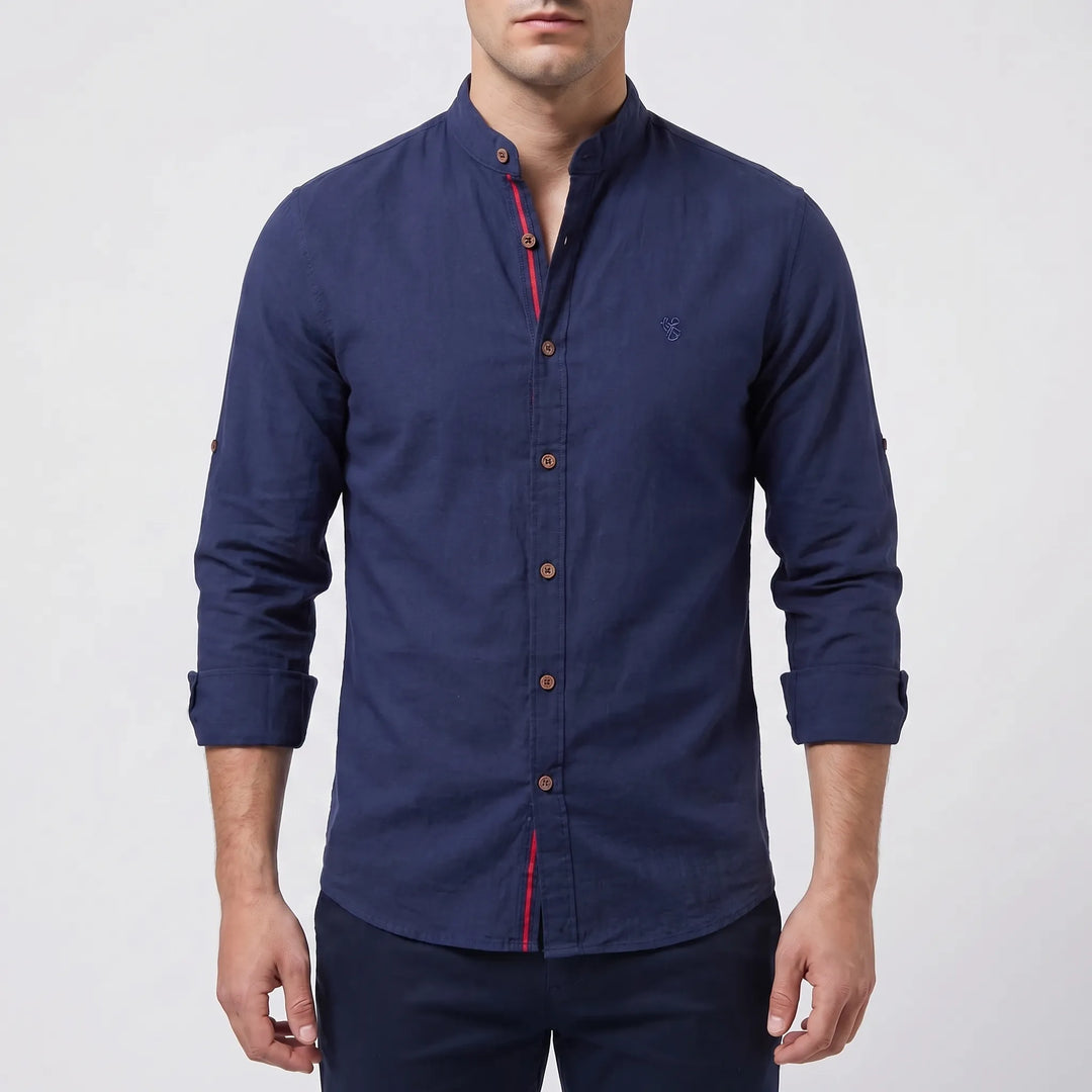 Men's Button Up Shirt - Band Collar with Long Sleeve