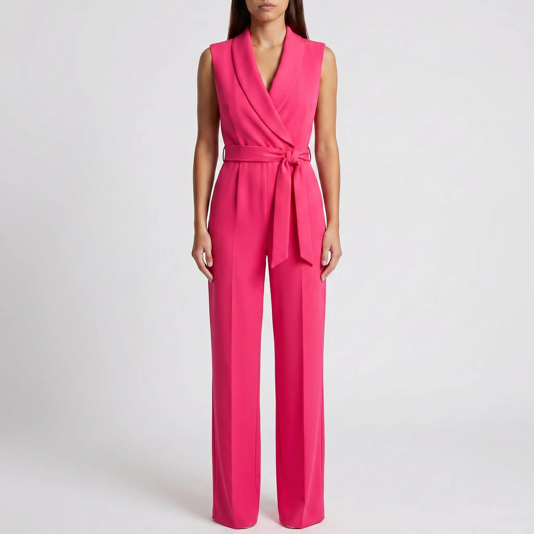 Women's V Neck Wrap Jumpsuit - Sleeveless with Wide Leg