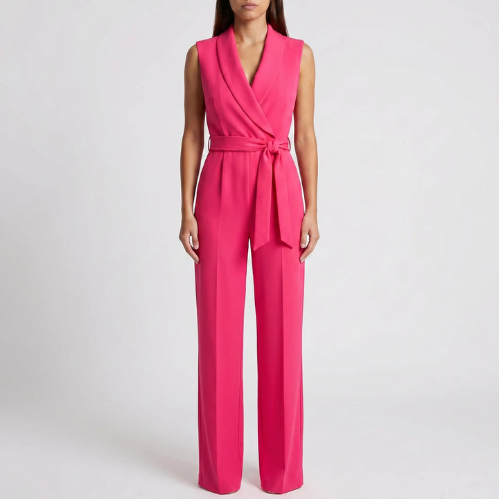 Women's V Neck Wrap Jumpsuit - Sleeveless with Wide Leg