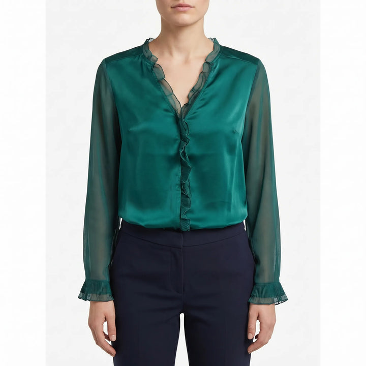 Women's Satin Ruffle Blouse - Elegant Sheer Long Sleeve Work Top