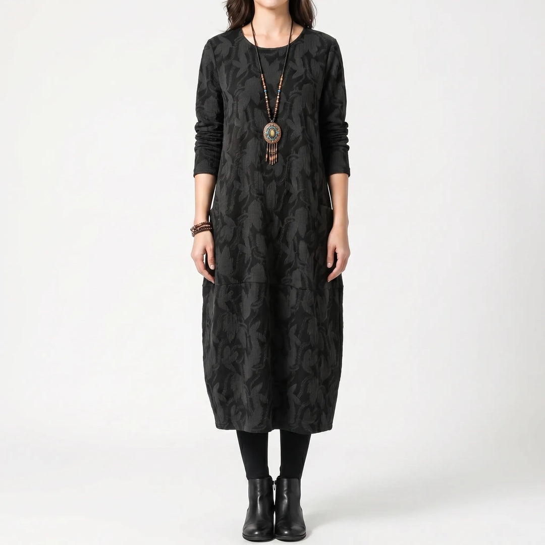 Women's Printed Midi Dress - Relaxed Fit with Long Sleeve
