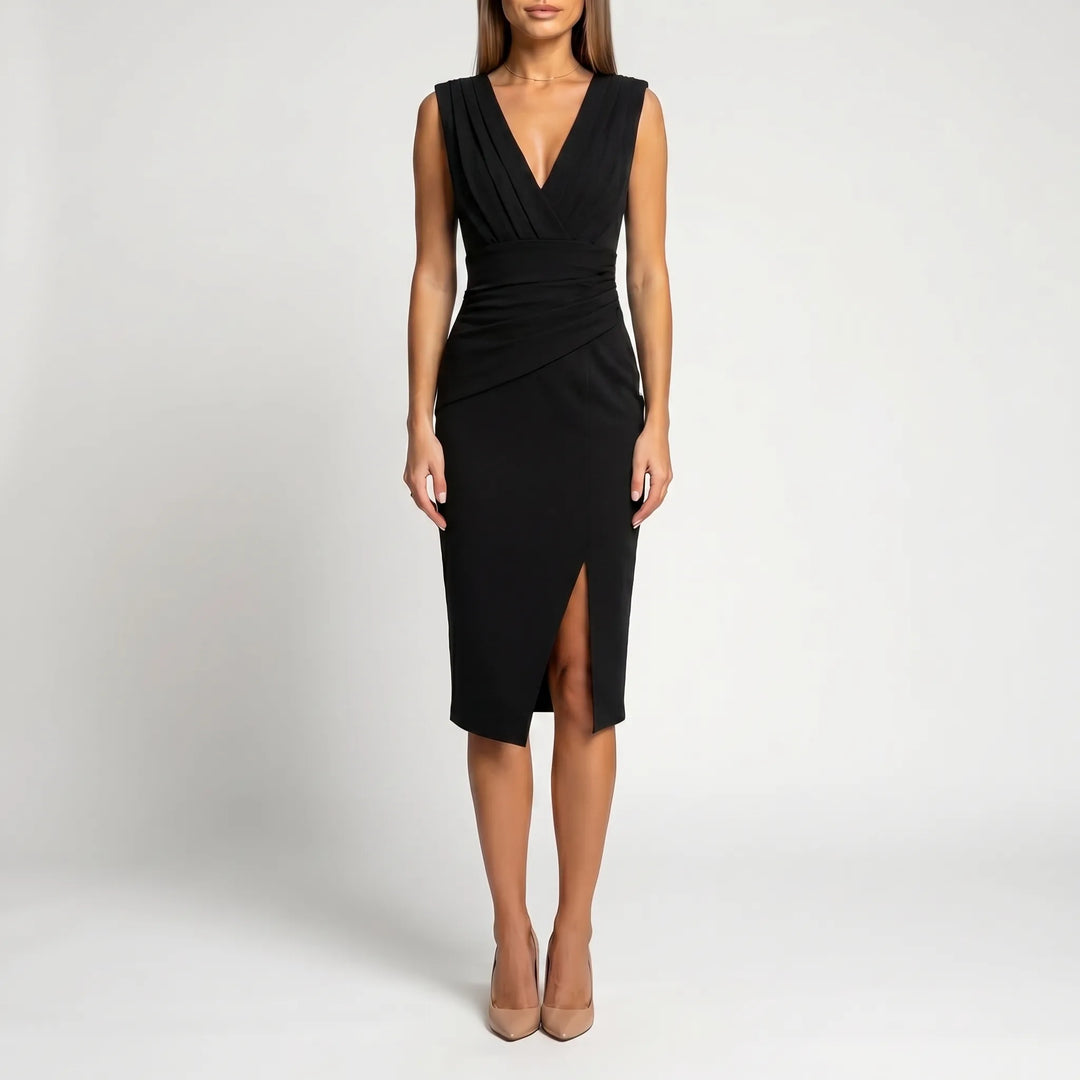 Women's V Neck Midi Dress - Formal Cocktail Party with Slit