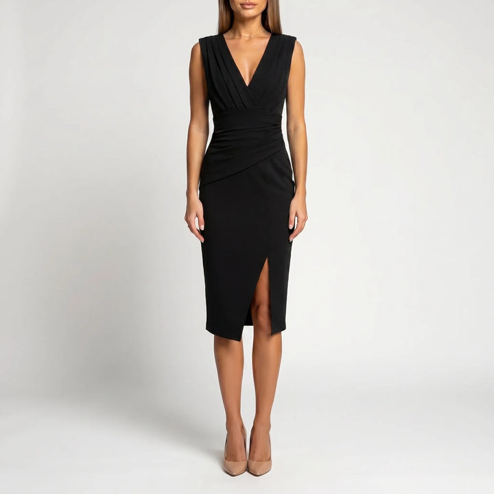 Women's V Neck Midi Dress - Formal Cocktail Party with Slit
