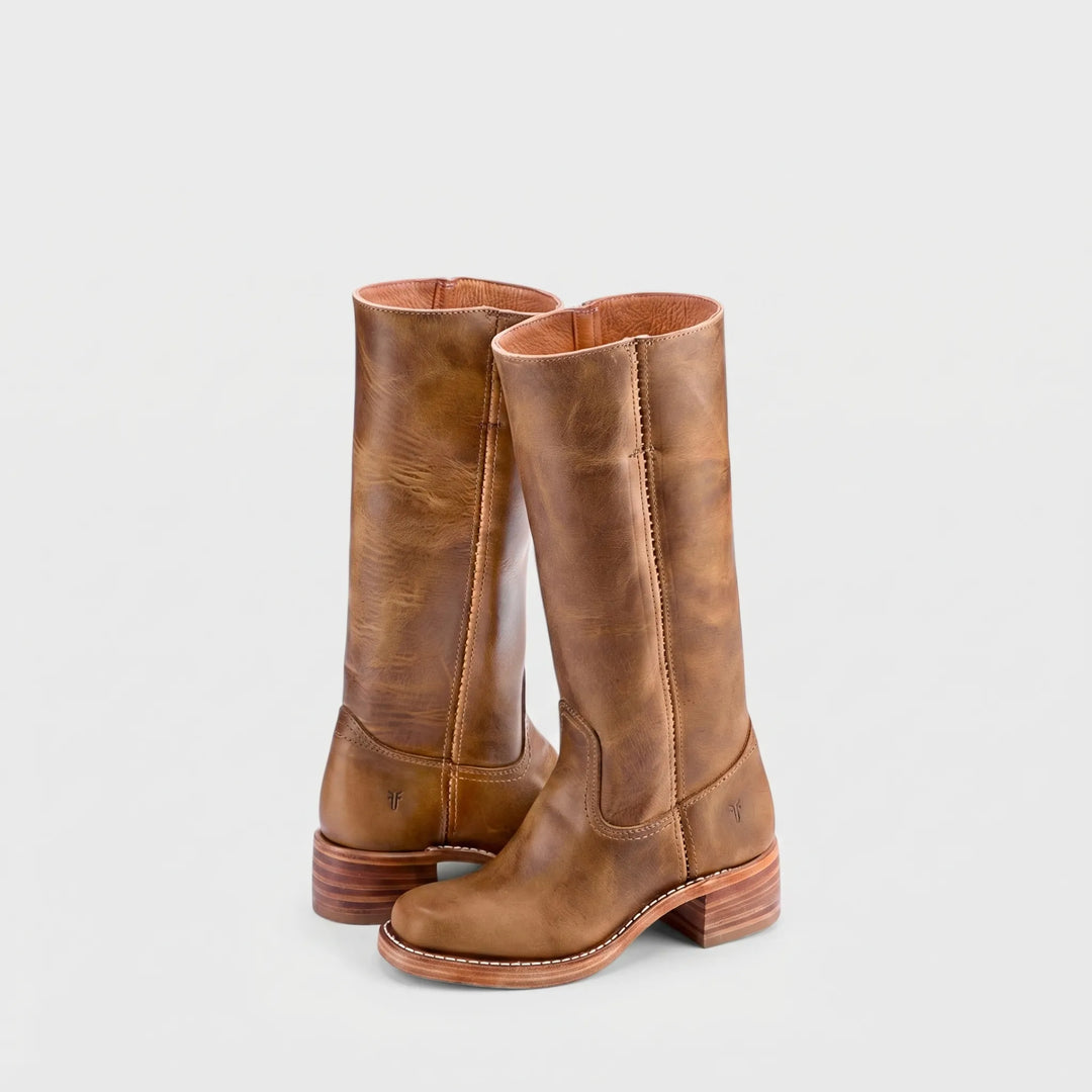 Women's Leather Knee High Boots - Stacked Heel with Square Toe