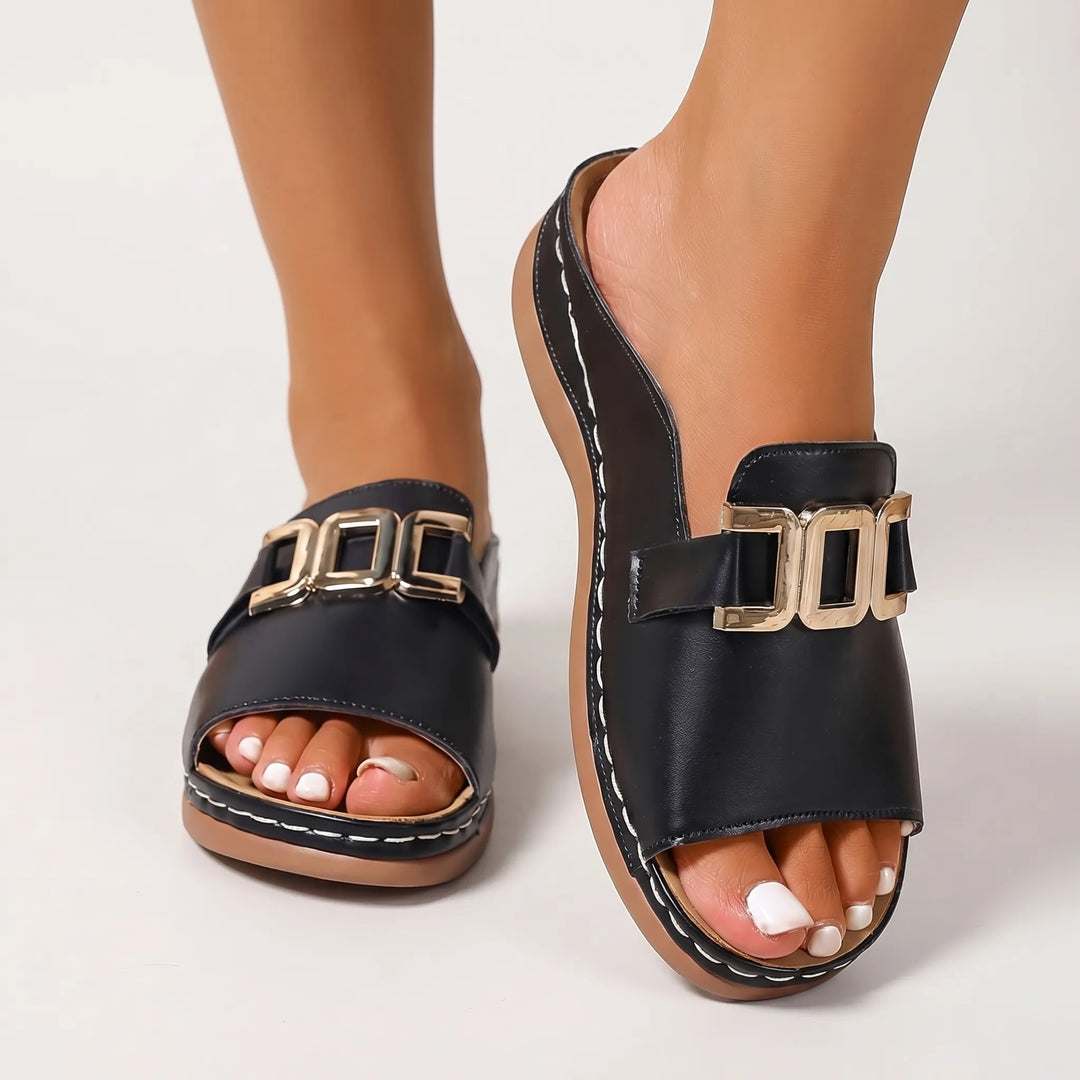 Women's Platform Slide Sandals - Open Toe with Chain Detail