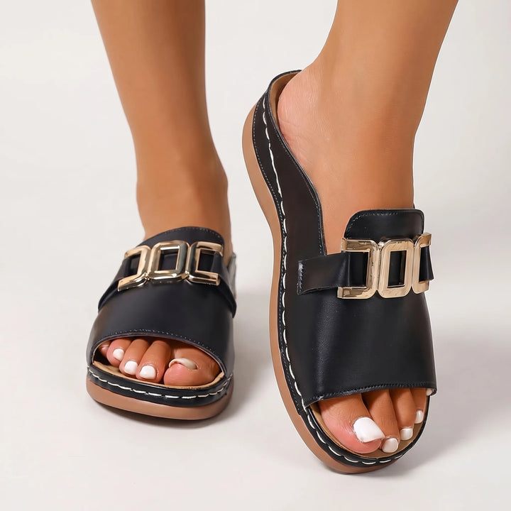 Women's Platform Slide Sandals - Open Toe with Chain Detail
