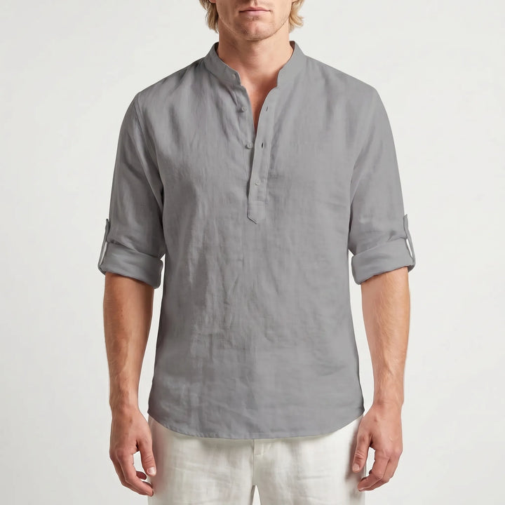 Men's Linen Henley Shirt - Casual Summer Beach Long Sleeve