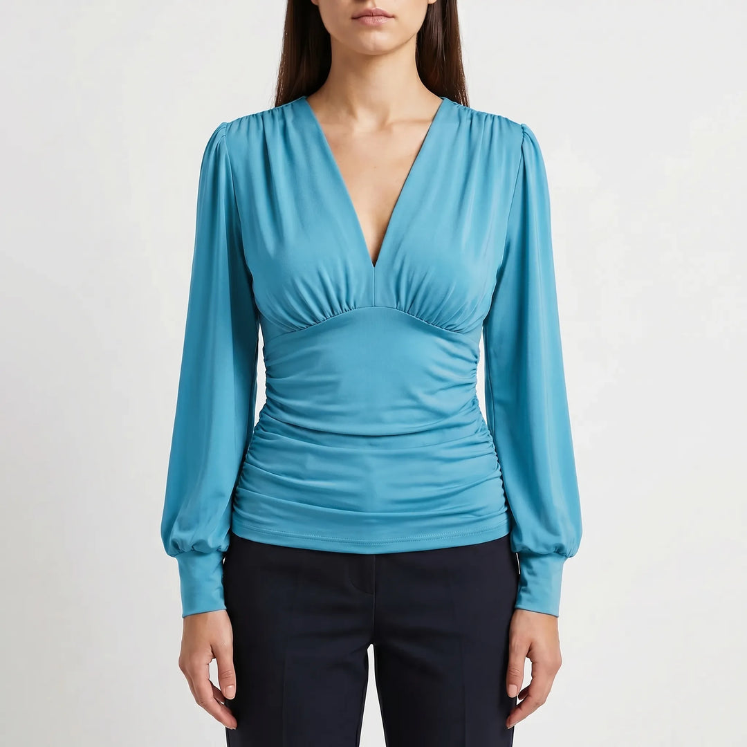 Women's Wrap V Neck Blouse - Dressy Ruched Waist Long Sleeve Top