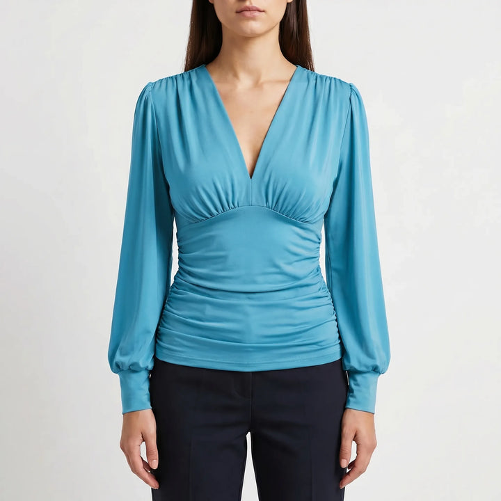 Women's Wrap V Neck Blouse - Dressy Ruched Waist Long Sleeve Top