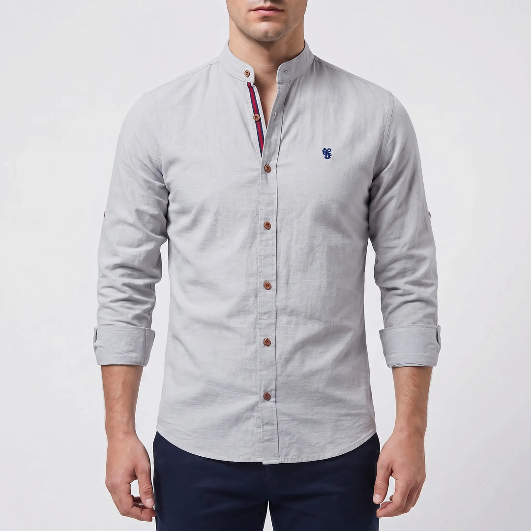 Men's Button Up Shirt - Band Collar with Long Sleeve