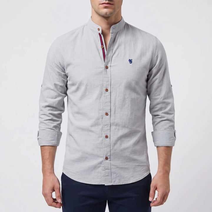 Men's Button Up Shirt - Band Collar with Long Sleeve