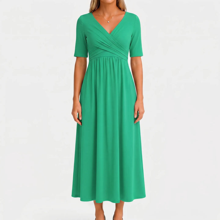 Women's V Neck Midi Dress - Wrap Bodice with Short Sleeve