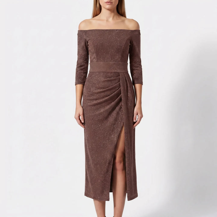 Women's Off Shoulder Midi Dress - Shimmer Bodycon for Evening