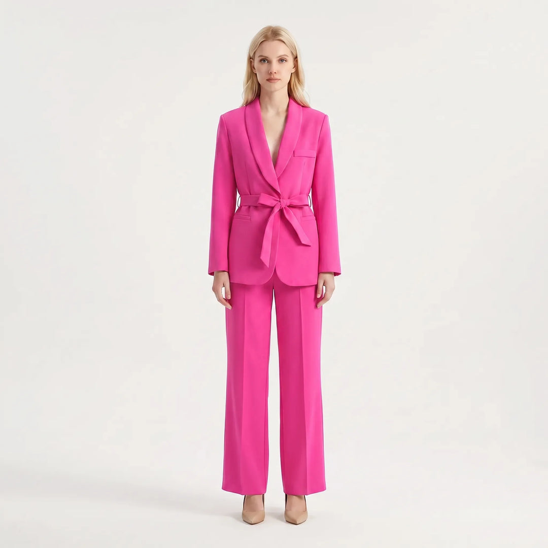 Women's 2 Piece Suit Set - Belted Blazer and Wide Leg Pants