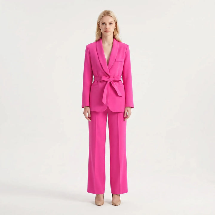 Women's 2 Piece Suit Set - Belted Blazer and Wide Leg Pants