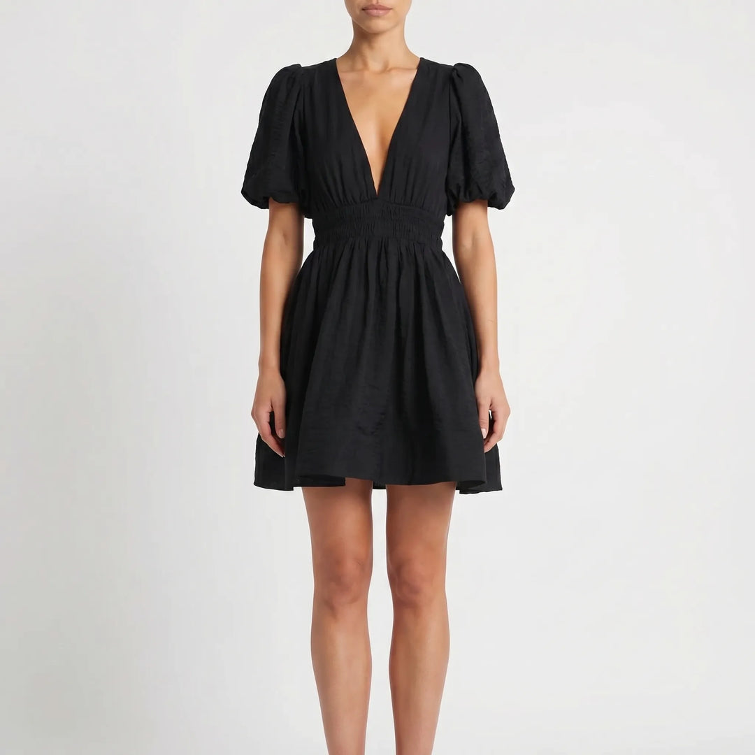 Women's Puff Sleeve Mini Dress - V Neck with Shirred Waist