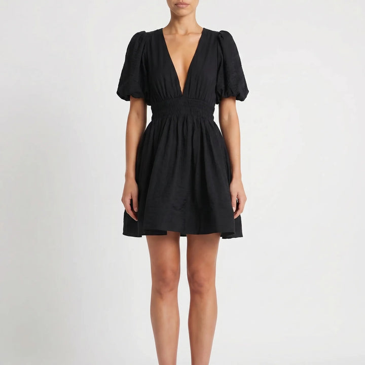 Women's Puff Sleeve Mini Dress - V Neck with Shirred Waist