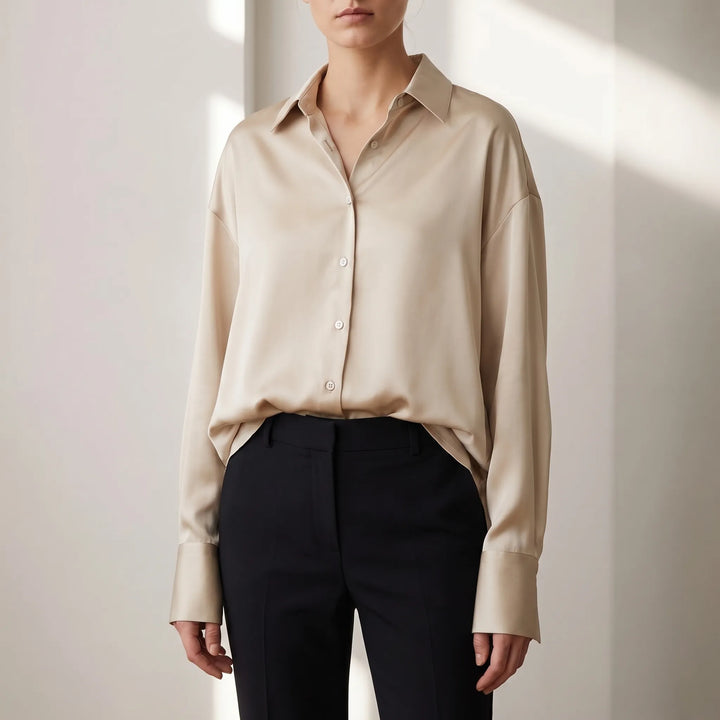 Women's Satin Button Down Blouse - Elegant Long Sleeve Work Shirt