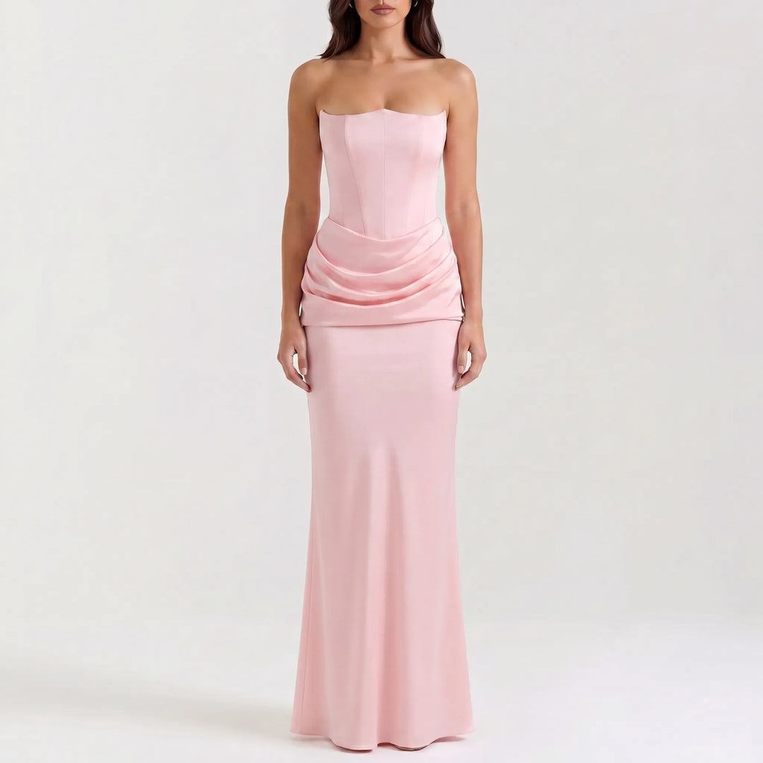 Women's Strapless Maxi Dress - Elegant Draped for Occasions