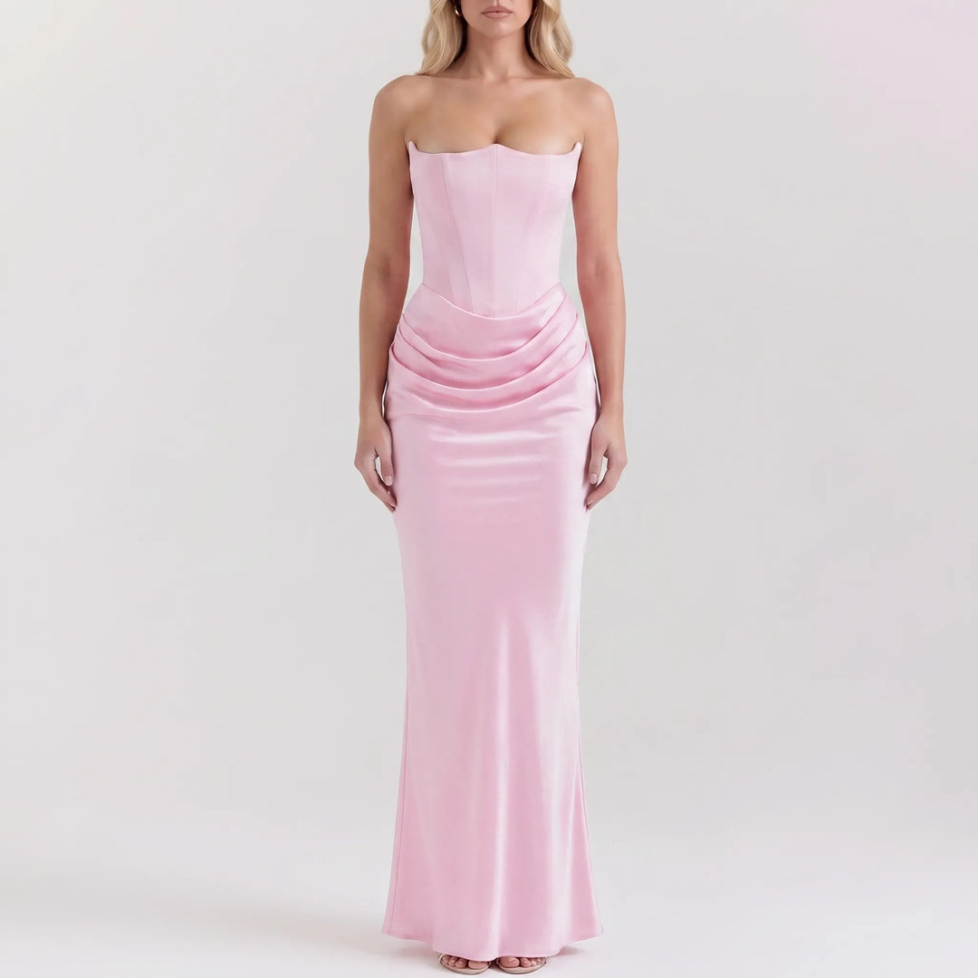 Women's Strapless Maxi Dress - Elegant Draped for Evening
