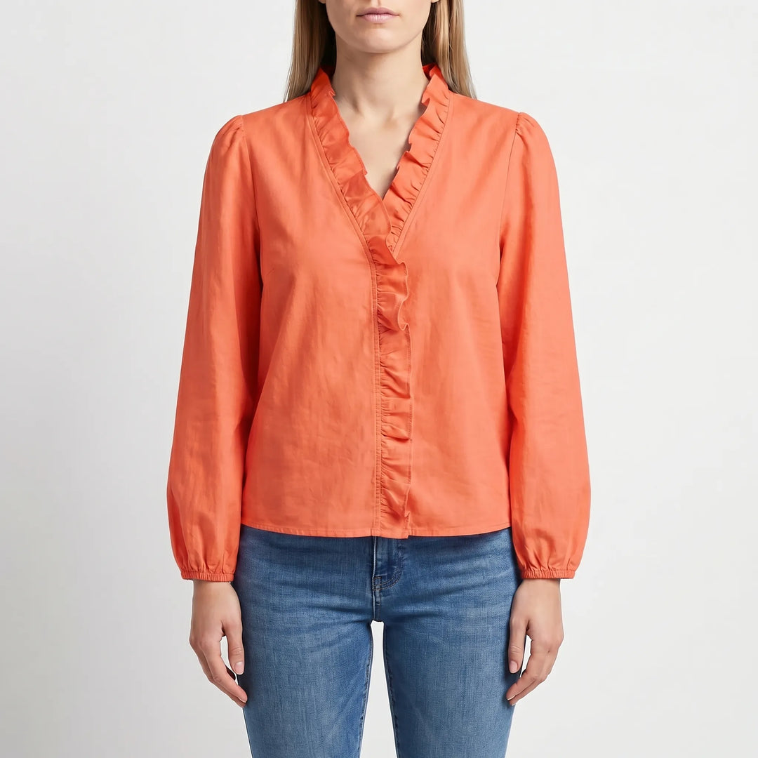 Women's Ruffle V Neck Blouse - Casual Floral Long Sleeve Summer Top