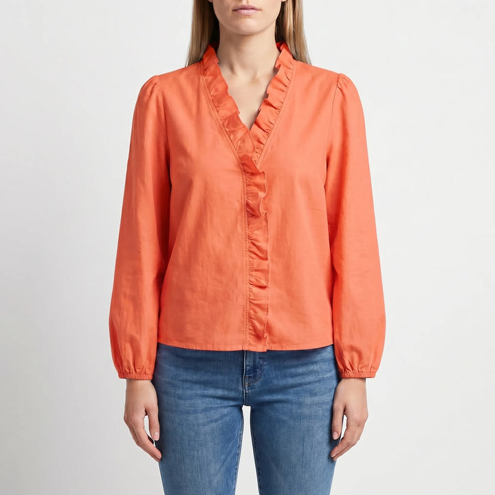 Women's Ruffle V Neck Blouse - Casual Floral Long Sleeve Summer Top