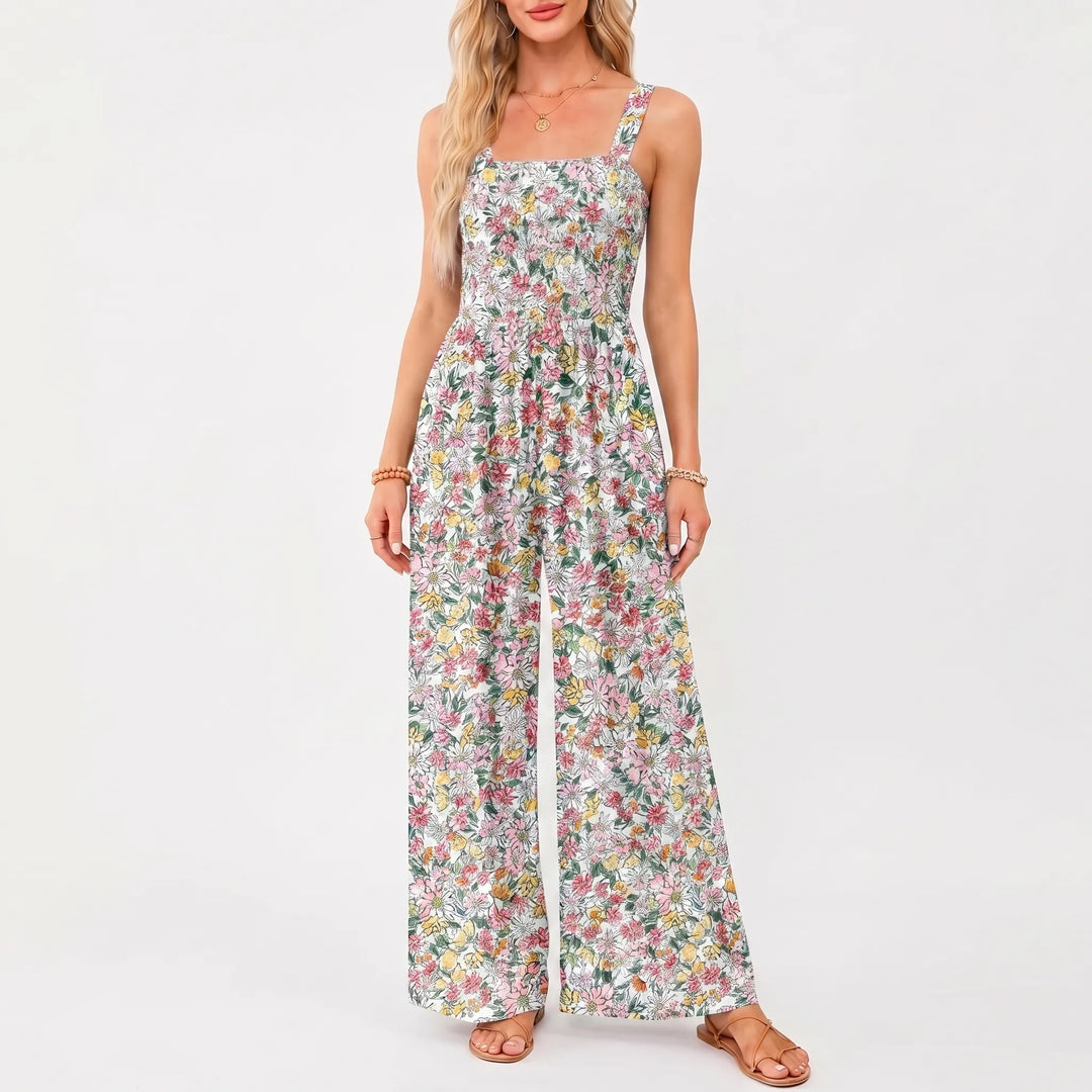 Women's Floral Wide Leg Jumpsuit - Smocked Bodice with Pockets