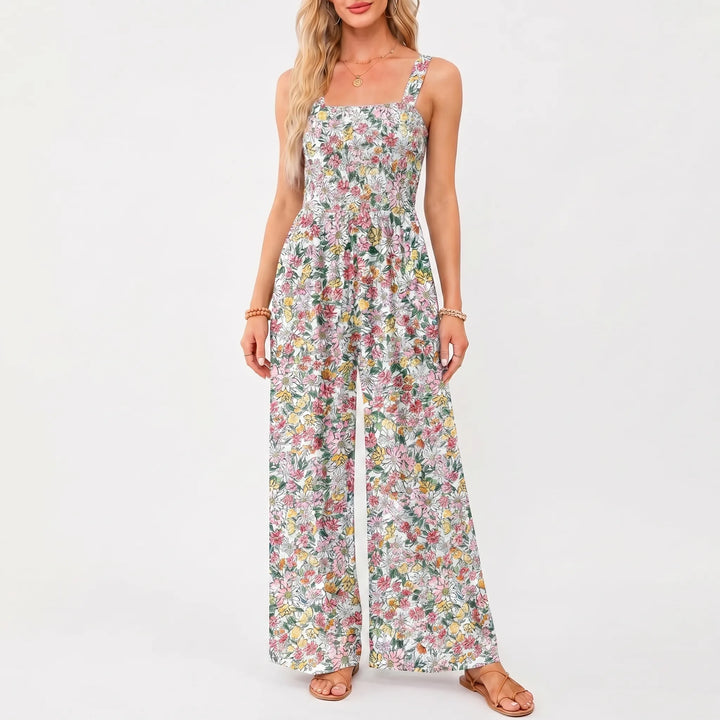 Women's Floral Wide Leg Jumpsuit - Smocked Bodice with Pockets