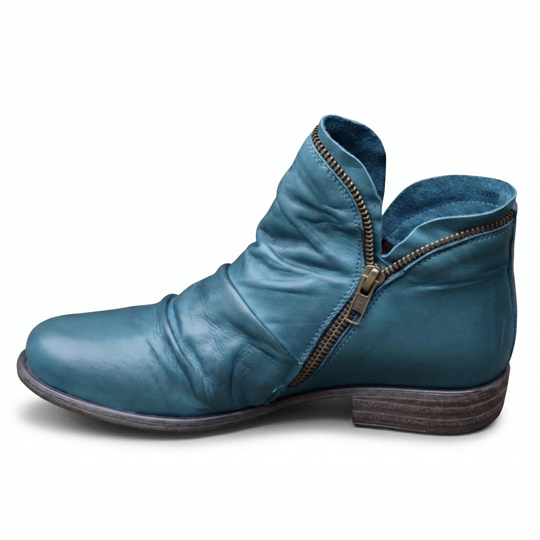 Women's Leather Ankle Boots - Zip Up with Ruched Detail