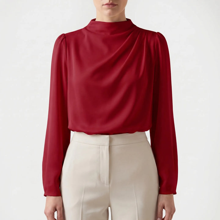 Women's Satin Draped Blouse - Elegant Long Sleeve Work Top