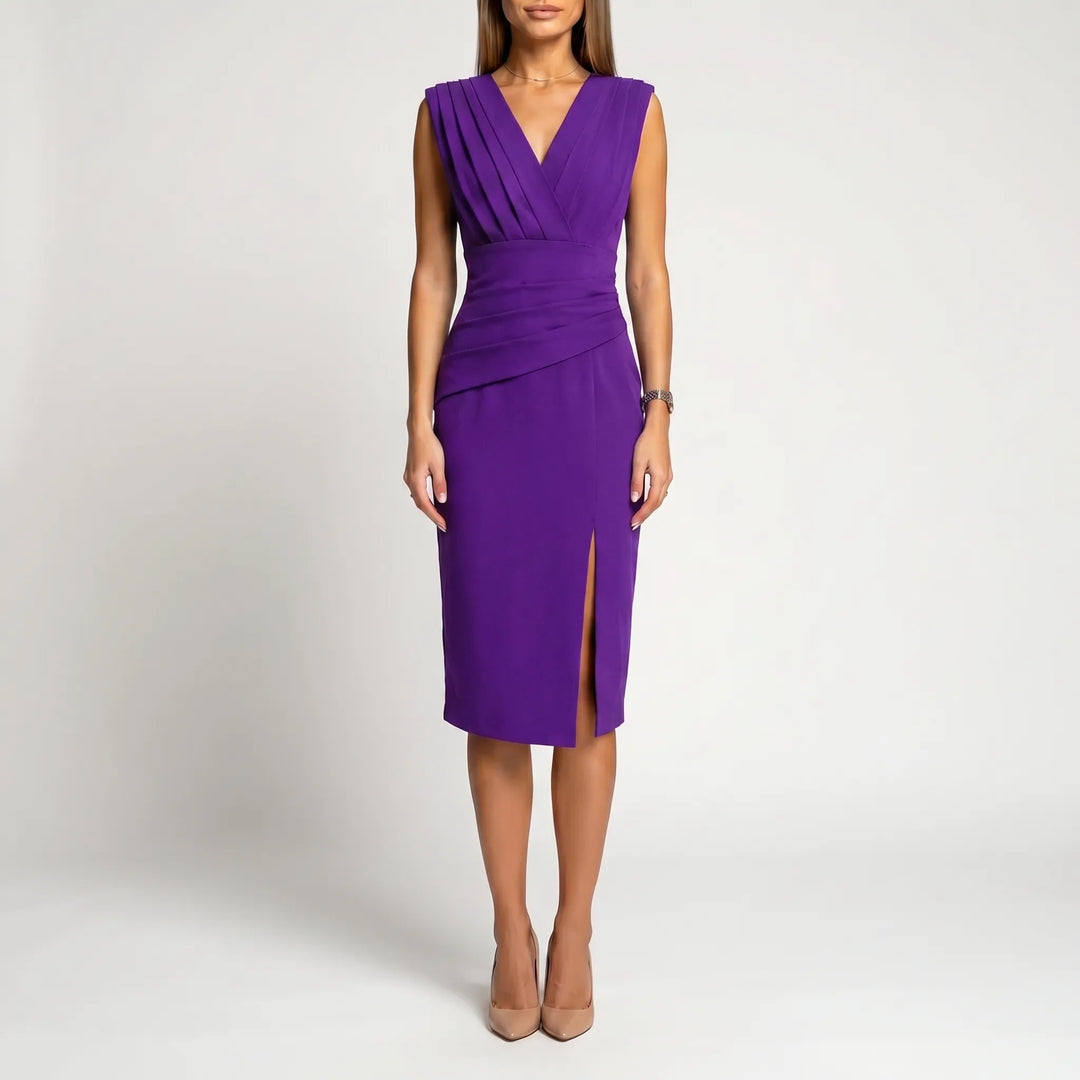 Women's V Neck Midi Dress - Formal Cocktail Party with Slit