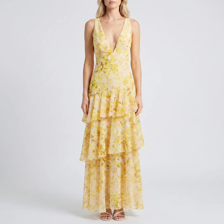 Women's Floral Maxi Dress - Tiered with V Neck for Evening