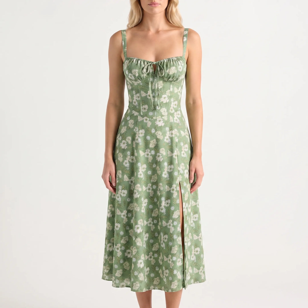 Women's Floral Midi Dress - Corset Bodice with Side Slit