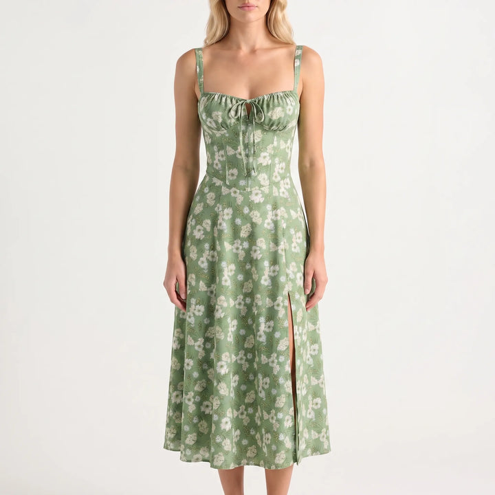 Women's Floral Midi Dress - Corset Bodice with Side Slit