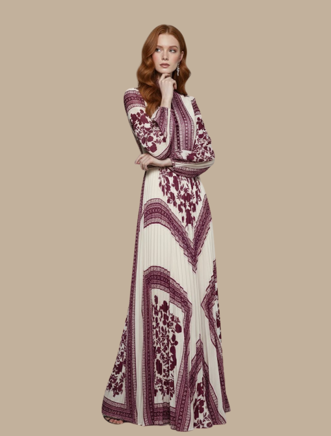 Women's Long Sleeve Pleated Maxi Dress - Formal Evening Gown