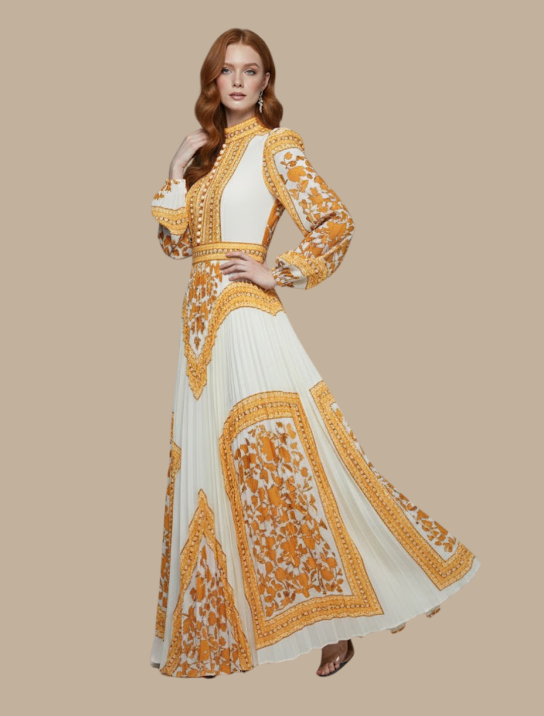 Women's Long Sleeve Pleated Maxi Dress - Formal Evening Gown