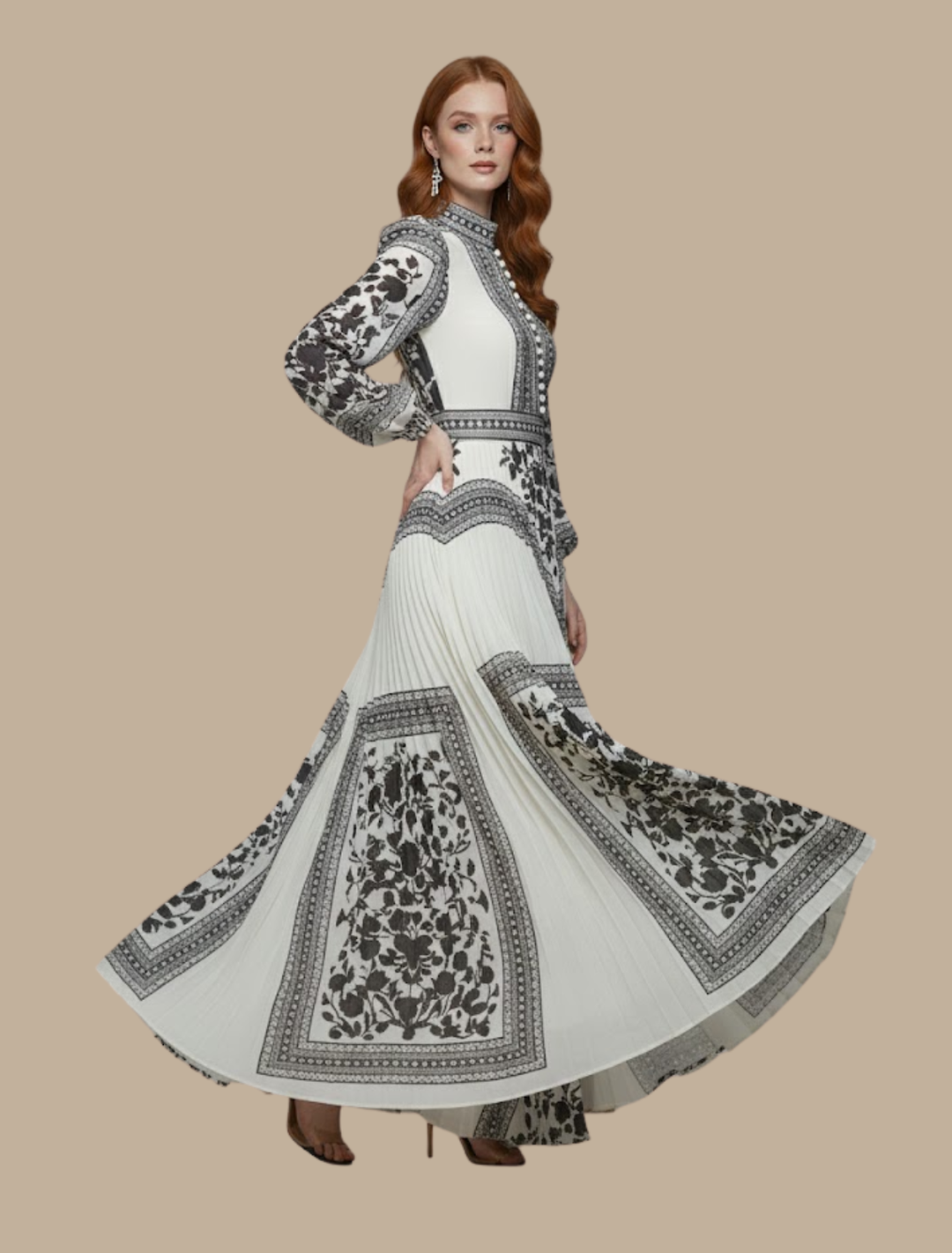 Women's Long Sleeve Pleated Maxi Dress - Formal Evening Gown