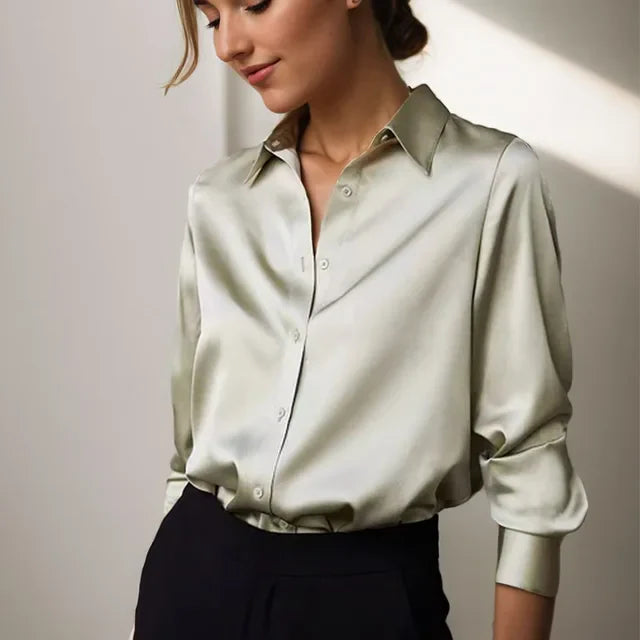 Women's Satin Button Down Blouse - Elegant Long Sleeve Work Shirt