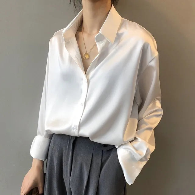 Women's Satin Button Down Blouse - Elegant Long Sleeve Work Shirt
