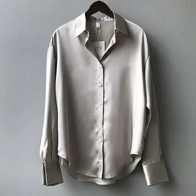 Women's Satin Button Down Blouse - Elegant Long Sleeve Work Shirt