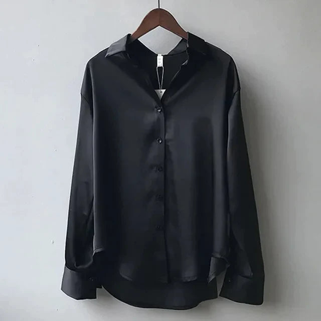 Women's Satin Button Down Blouse - Elegant Long Sleeve Work Shirt