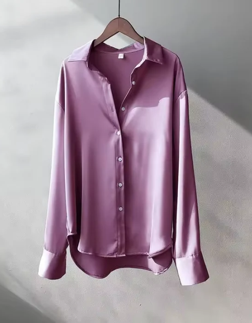 Women's Satin Button Down Blouse - Elegant Long Sleeve Work Shirt