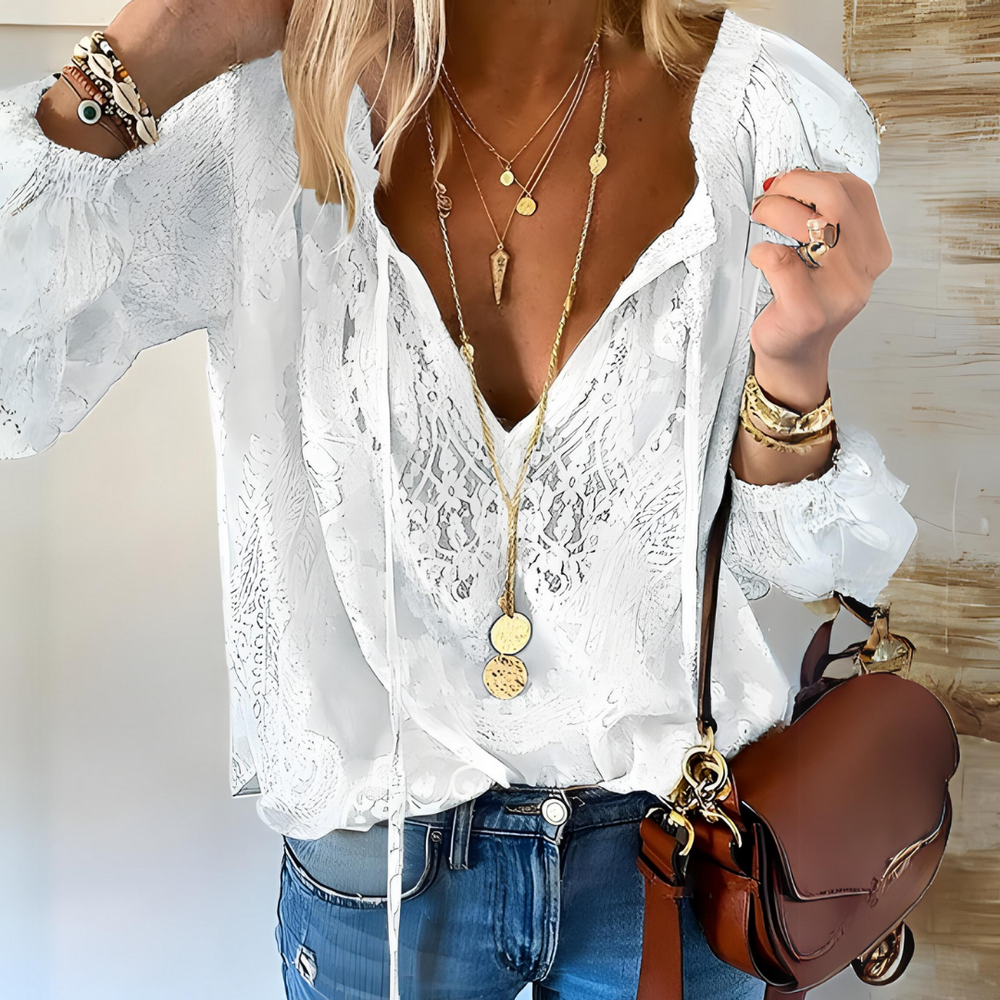 Women's Boho Lace Blouse - Casual Sheer V Neck Long Sleeve Summer Top