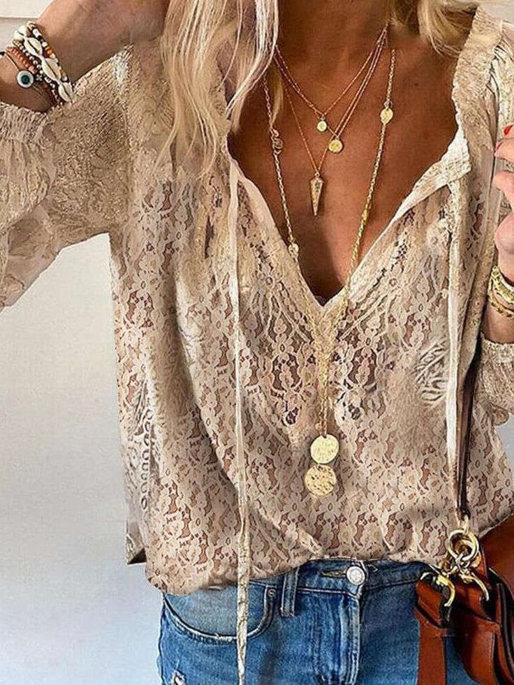 Women's Boho Lace Blouse - Casual Sheer V Neck Long Sleeve Summer Top
