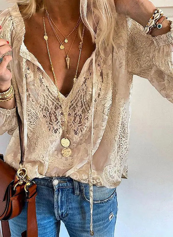 Women's Boho Lace Blouse - Casual Sheer V Neck Long Sleeve Summer Top