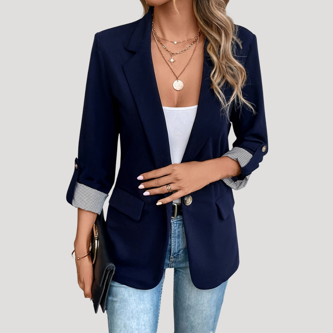 Women's Open Front Blazer - Casual Work Jacket with Roll Sleeves