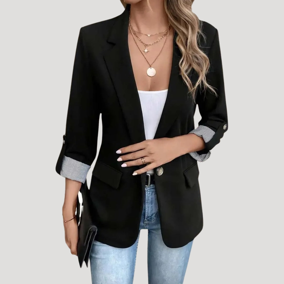 Women's Open Front Blazer - Casual Work Jacket with Roll Sleeves