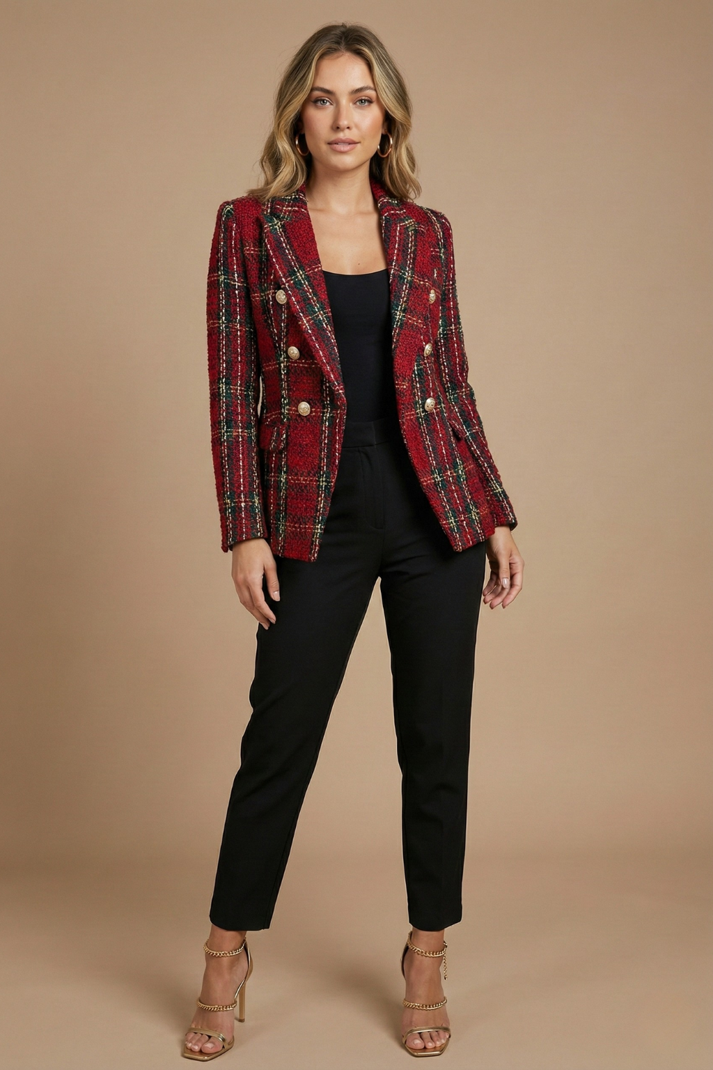 Women's Plaid Blazer Jacket - Double Breasted Tailored Fit