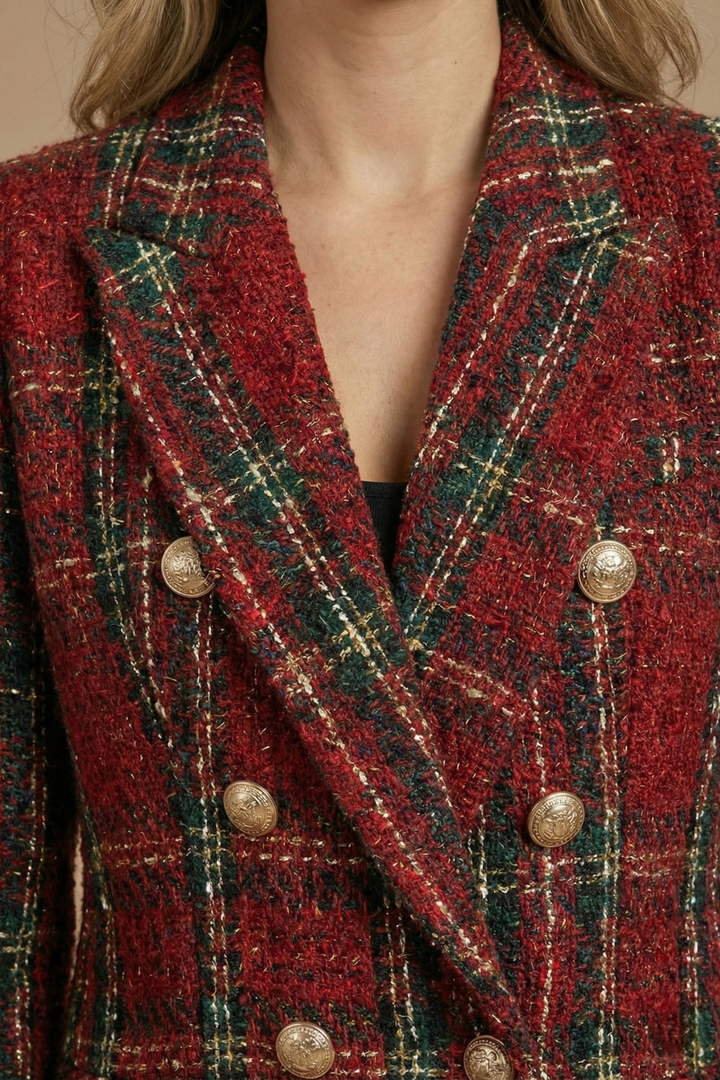 Women's Plaid Blazer Jacket - Double Breasted Tailored Fit