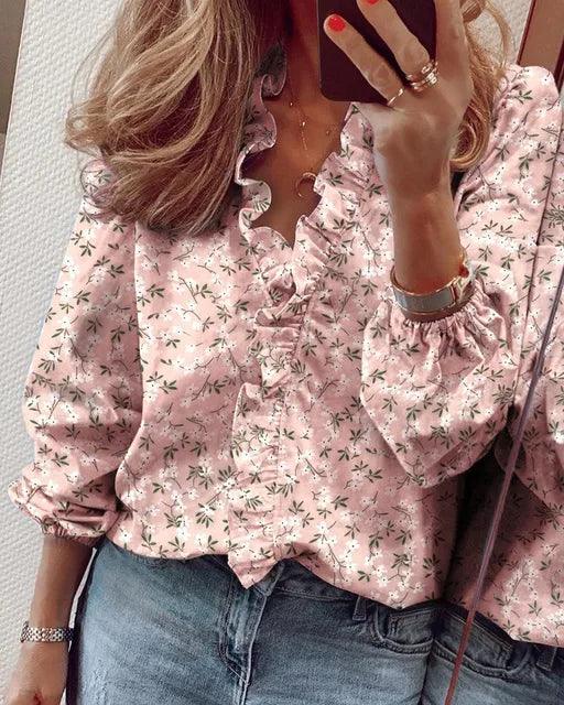 Women's Ruffle V Neck Blouse - Casual Floral Long Sleeve Summer Top